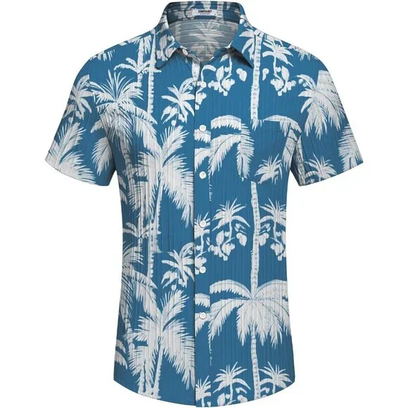 Men´s Blue Casual Button Down Shirts Short Sleeve Textured Summer Beach Shirt Casual Button Down Shirts